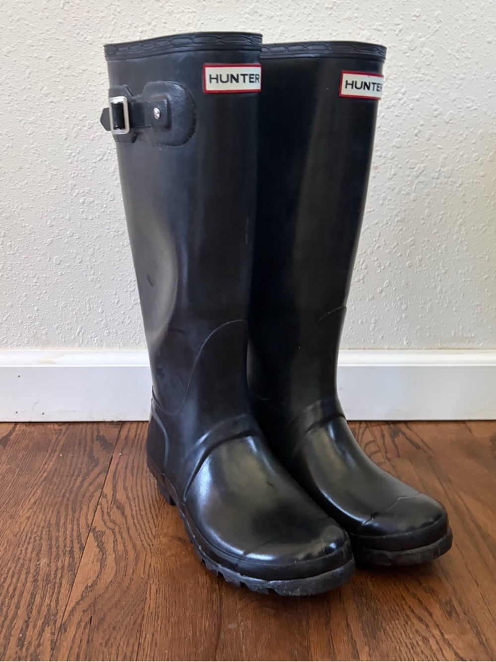 Hunter Black Gloss Tall Rain Boots with Side Buckle